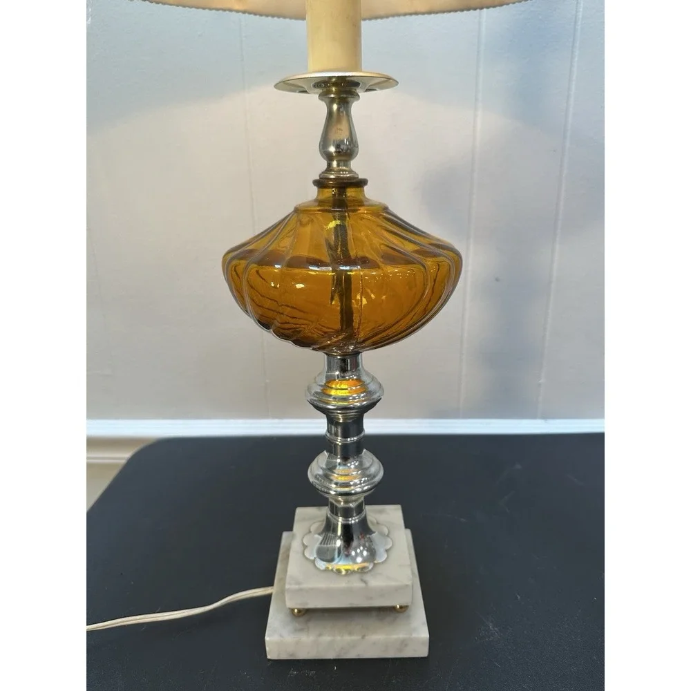Vintage‎ Amber Glass Table Lamp Marble Base Chrome Metal Pleated Shade 29